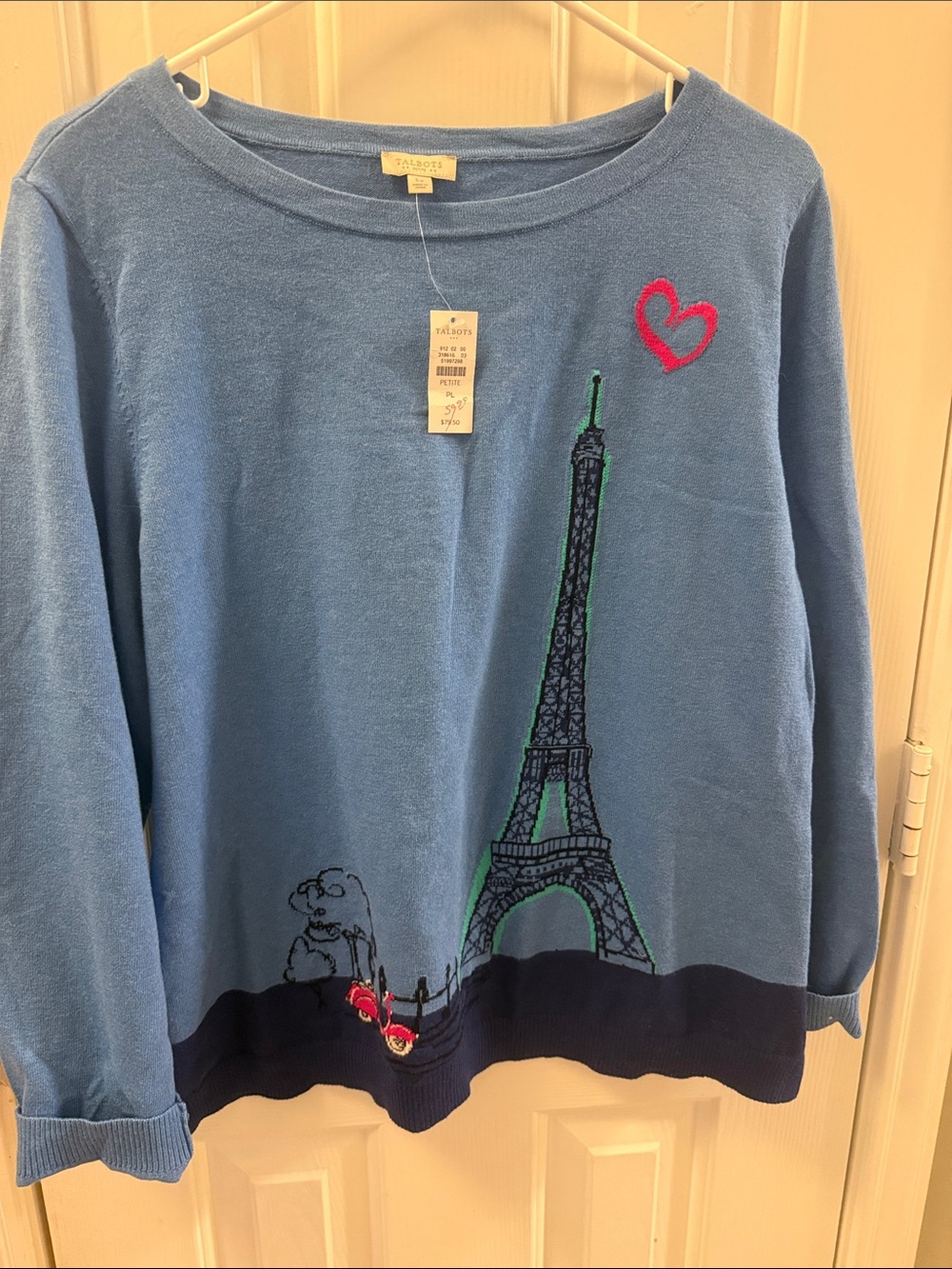 Talbots Light Blue Eiffel Tower Embroidered Crewneck Sweater